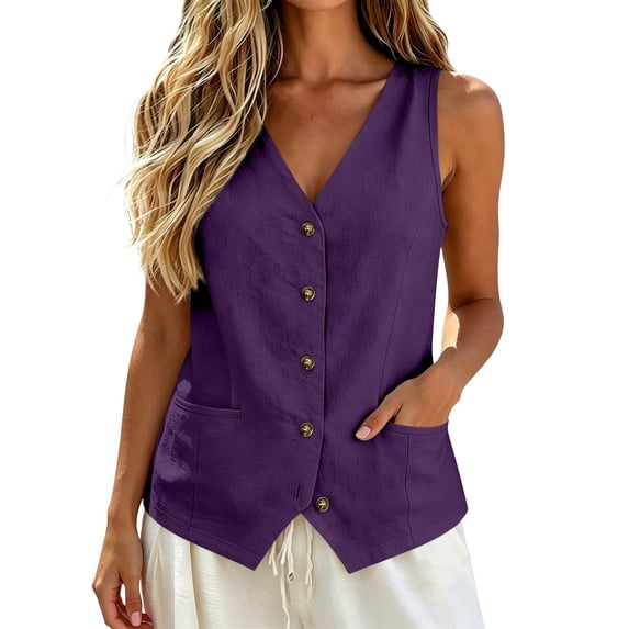 Gsakboxl Womens Tank Tops 2026 Women Old Money Style Pocket Button Down Cotton Linen Sleeveless Vest Loose Fit Lightweight Breathable Fashion Summer Layering Tank Top Blouse Purple XL