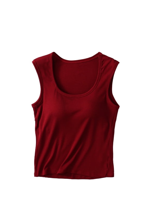 Womens Tank Tops Women Solid Cool Modal Ribbed Integrated Padded Sling Vest Wire Free Supportive Camisole Gather Bust Hide Side Fat Base Layer Tank Top For Summer Daily Wine Red XXL