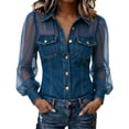 thumbnail image 1 of Gsakboxl Womens Tops Women Fashion Faux Denim Patchwork Long Sleeve Blouse Elegant V Neck Sheer Mesh Lace Spliced Breathable Casual Spring Daily Shirts Dark blue 3XL, 1 of 8