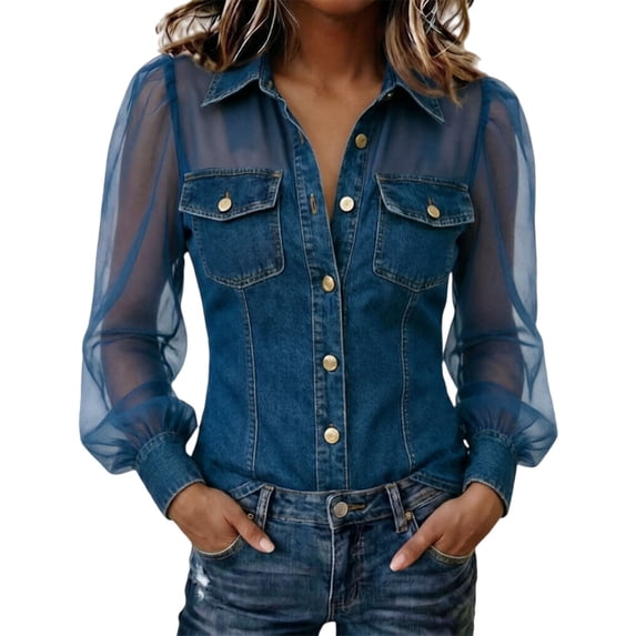 Gsakboxl Womens Tops Women Fashion Faux Denim Patchwork Long Sleeve Blouse Elegant V Neck Sheer Mesh Lace Spliced Breathable Casual Spring Daily Shirts Dark blue 3XL