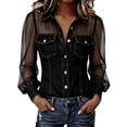 thumbnail image 1 of Gsakboxl Womens Tops Women Fashion Faux Denim Patchwork Long Sleeve Blouse Elegant V Neck Sheer Mesh Lace Spliced Breathable Casual Spring Daily Shirts Black L, 1 of 10
