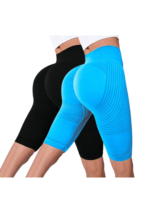 Yoga Shorts Women 2 Pack High Waist Tight Seamless Textured Compression Peach Butt Lift Yoga Fitness Biker Shorts Sky Blue M