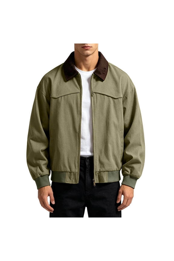 Cotton Jacket for Men Cargo Retro Turndown Collar Top Full Zip Long Sleeve Loose Casual Outerwear