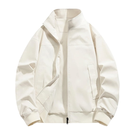 Gshsefon Fashion Mens Jacket Stand Collar Long Sleeve Solid Color Jackets With Pockets Casual Loose Zip Up Top