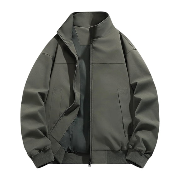 Gshsefon Fashion Mens Jacket Stand Collar Long Sleeve Solid Color Jackets With Pockets Casual Loose Zip Up Top