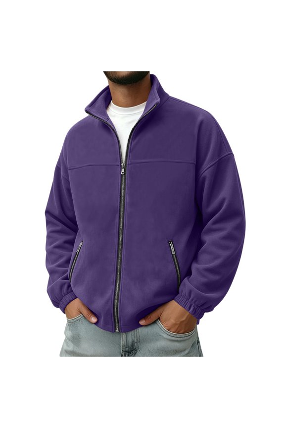 Jacket for Men Suede Long Sleeve Stand Collar Jackets With Pockets Zip Up Solid Color Casual Outerwear