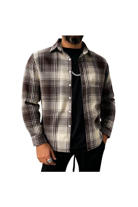 Jacket for Mens Wool Blend Long Sleeve Button Down Plaid Shirt Turndown Collar Comfortable Fashion Shirts