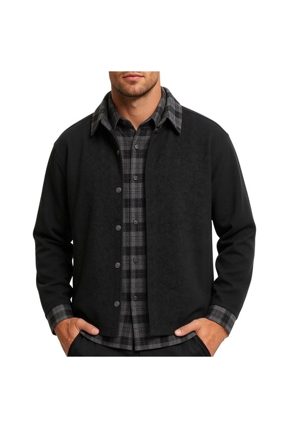 Men Jacket Mock Layered Plaid Button Down Jackets Turndown Collar Shirt Daily Outerwear