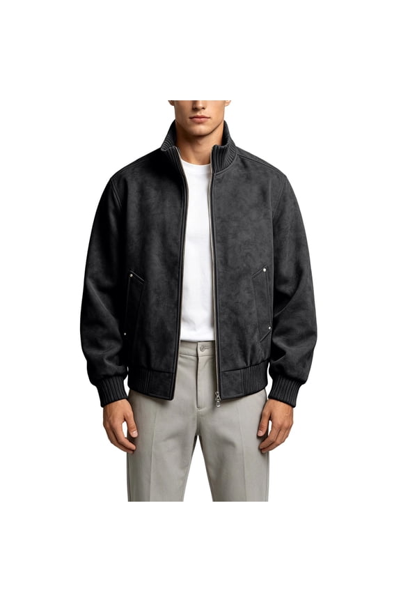 Men Stand Collar Jacket Full Zip Bomber Coat Long Sleeve Loose Fall Winter Casual Outerwear