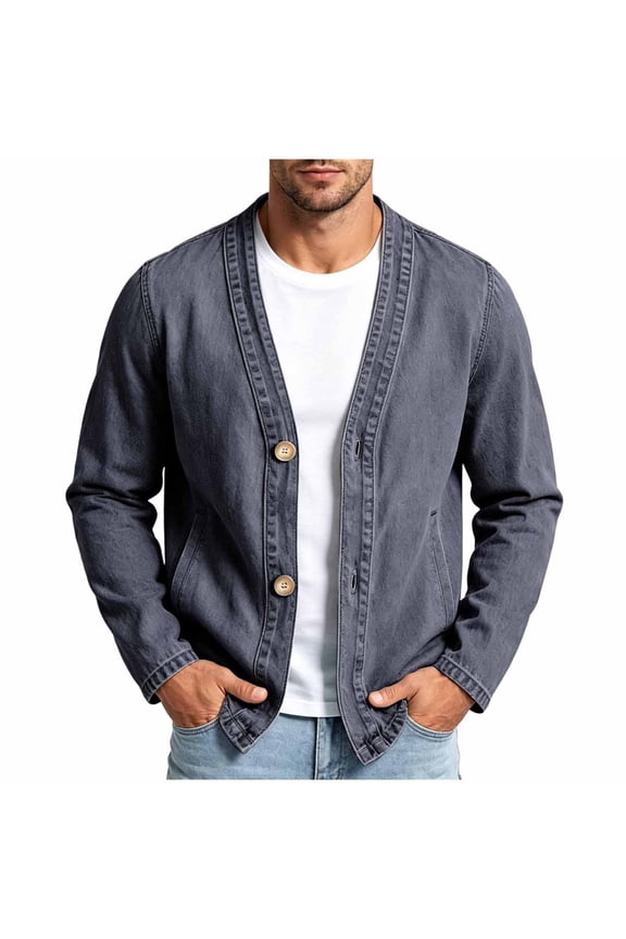 Men's Denim Jacket With Pockets V Neck Button Down Jacket Long Sleeve Fashion Casual Cardigan