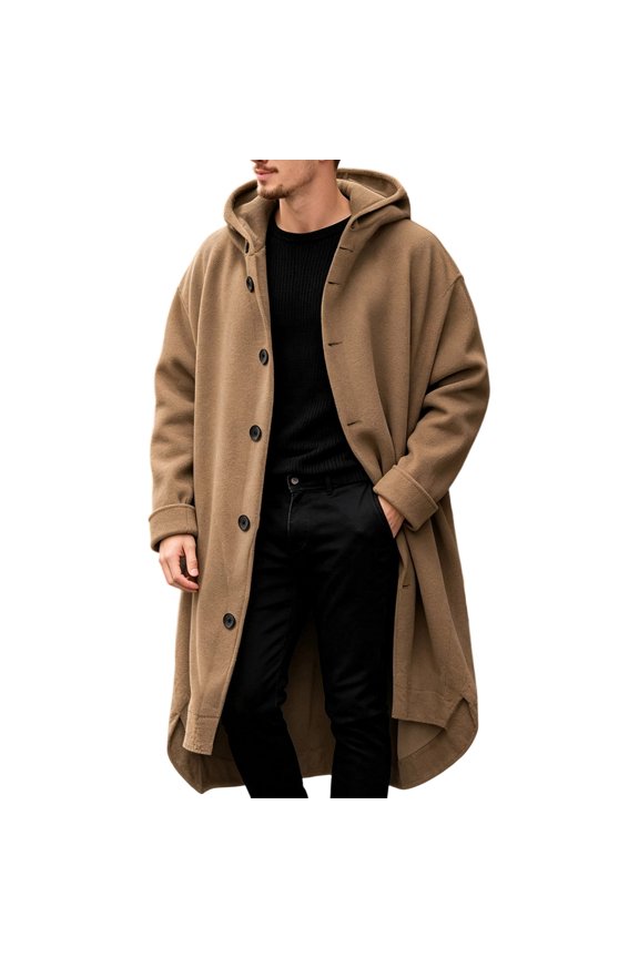 Men's Long Jackets Solid Color Long Sleeve Button Down Jacket With Pockets Hooded Warm Fall Winter Wool Overcoat