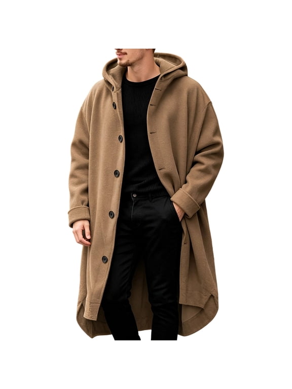 Men's Long Jackets Solid Color Long Sleeve Button Down Jacket With Pockets Hooded Warm Fall Winter Wool Overcoat