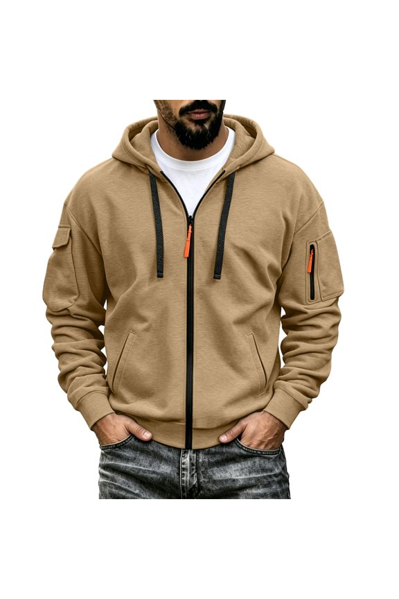 Mens Cargo Jacket Drawstring Zip Up Multiple Pockets Hooded Jackets Solid Color Long Sleeve Fashion Sweatshirt Outerwear