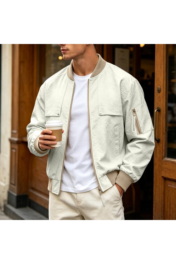 Mens Jacket Color Block Ribbed Full Zip Cargo Jackets Multiple Pockets Loose Fall Winter Long Sleeve Fashion Top