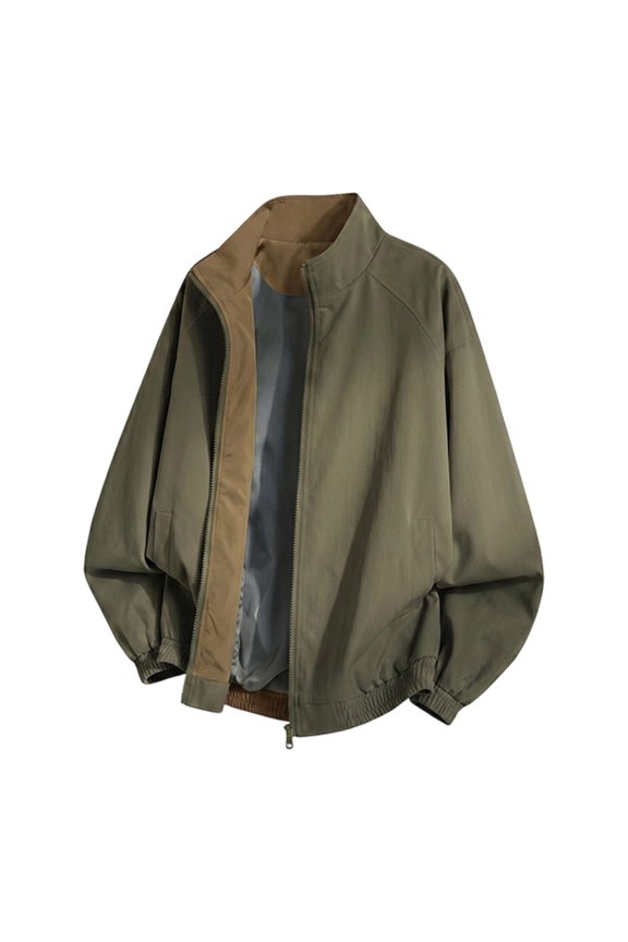 Mens Jackets Zip Up Stand Collar Loose Jacket With Pockets Color Block Casual Tops