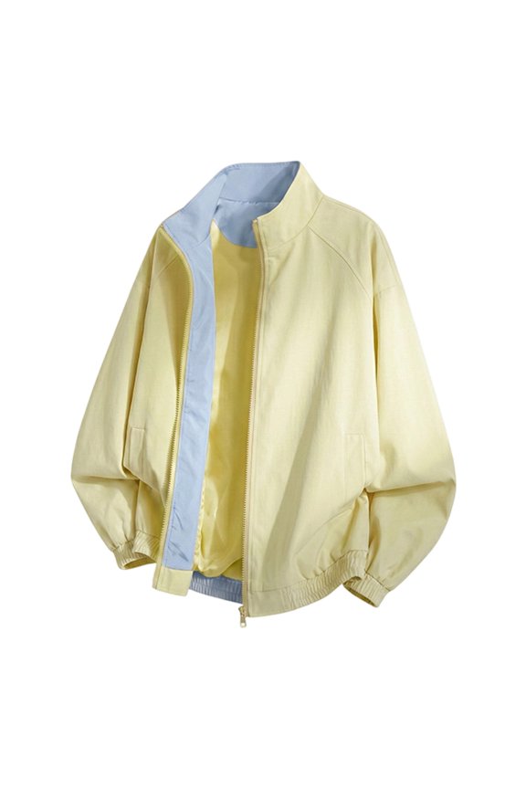 Mens Jackets Zip Up Stand Collar Loose Jacket With Pockets Color Block Casual Tops