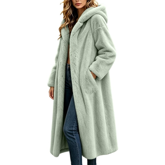 Gshsefon Women's Long Faux Fur Hooded Coat Warm Casual Outerwear with Pockets Luxury Solid Color Fall-winter Coats