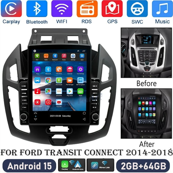 Gsuatey 4+64GB Car Radio Stereo with Ford Transit Connect 2014-2018, 9.7Inch Android 15 Touch Screen Car Radio with Wireless CarPlay/Android Auto, GPS FM WiFi Bluetooth Backup Camera