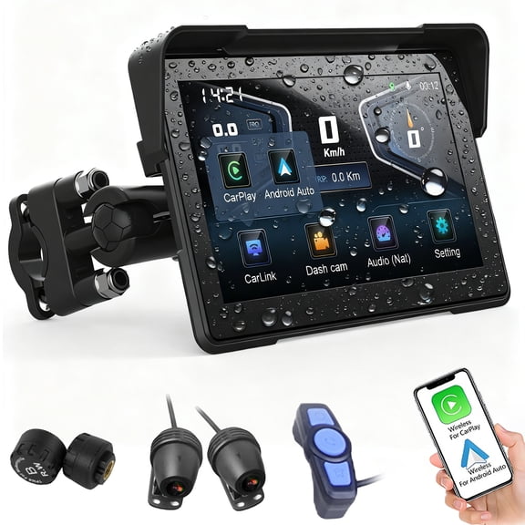 Gsuatey 7-Inch Wireless Motorcycle GPS Navigation System with Carplay Android Auto, Portable Moto Car Play Screen with Bluetooth, Wifi Loop Recording Hands-free Calling Tire Pressure Monitoring
