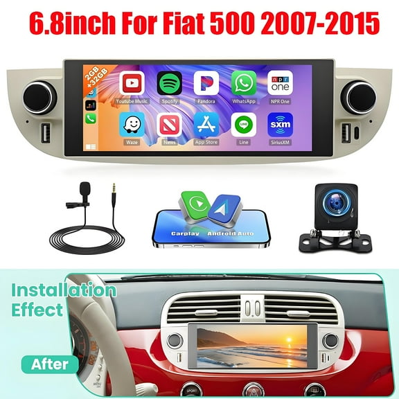 Gsuatey Android 14 Car Radio Stereo for Fiat 500 2007-2015 with Wireless Carplay/Android Auto, 6.86 Inch Touchscreen Radio GPS Bluetooth FM Steering Wheel Controls + AHD Backup Camera