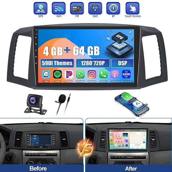 Gsuatey Car Stereo Radio for Jeep Grand Cherokee 2004-2007 with Wireless Carplay Android Auto,9'' Touchscreen GPS Navigation,Bluetooth,WiFi/FM/RDS Radio,SWC+Backup Camera
