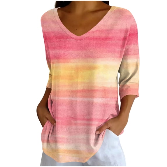 Gswybco 3/4 Sleeve Shirts for Women Casual Print Loose T-Shirt Dressy Blouse Sporty Business Work Pullover Tops V-Neck Tunic Tops