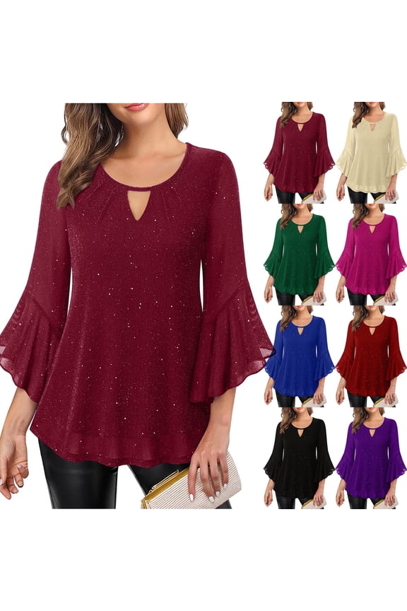 3/4 Sleeves Tops for Women Flowy Summer Fall Keyhole Neck Blouse Tops Ruffled Sleeve Double-Layer Glittering Tunics Shirt
