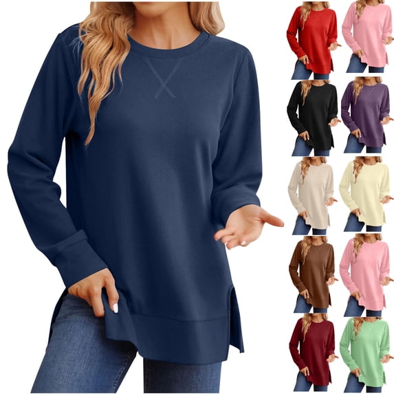 Gswybco Oversized Sweatshirts for Women Casual Long Sleeve Side Slit Tops Fall Fashion Solid Color Crew Neck Tunic Tops