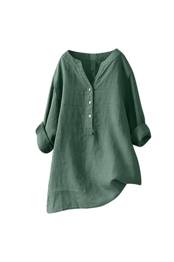 Plus Size Linen Shirts for Women Casual Fall Long Sleeve Button Down V-Neck T-Shirt Blouse Solid Color Fast Drying Tunic Tops