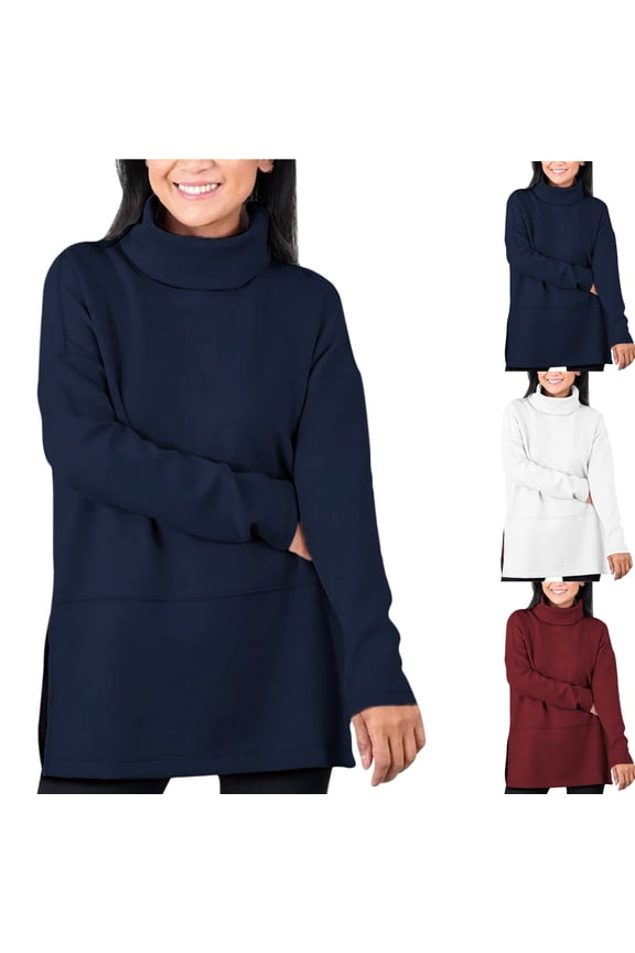 Plus Size Sweatshirts for Women Long Sleeve Turtleneck Side Split Tunic Pullovers Fall Trendy Solid Color Casual Tops
