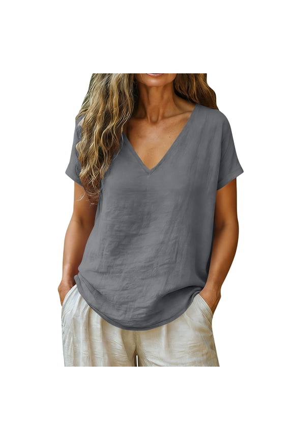 Summer Linen Blouse for Women Plus Size Tunic Tops Solid Color Sweatshirts Fast Drying Workout Tops Short Sleeve Going Out Tops