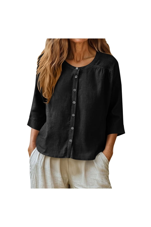 Summer Linen Shirt for Women Casual Solid Color Button Up Workout Tops Fast Drying Crew Neck Blouse 3/4 Sleeve Loose Going Out Tops