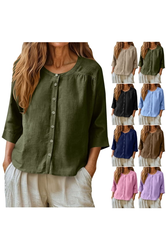 Summer Linen Shirt for Women Casual Solid Color Button Up Workout Tops Fast Drying Crew Neck Blouse 3/4 Sleeve Loose Going Out Tops