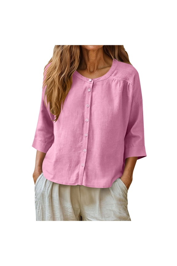 Summer Linen Shirt for Women Casual Solid Color Button Up Workout Tops Fast Drying Crew Neck Blouse 3/4 Sleeve Loose Going Out Tops