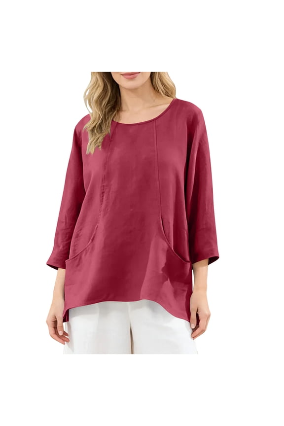 Summer Linen Shirt for Women Casual Solid Color Workout Tops Fast Drying Crew Neck Blouse 3/4 Sleeve Loose Going Out Tops with Pockets