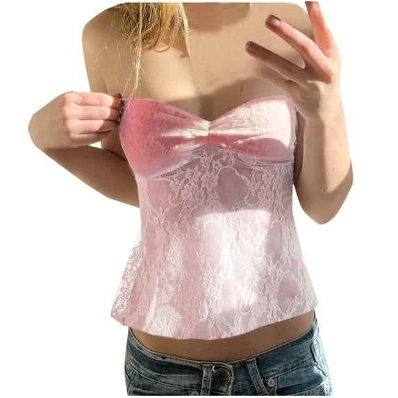 Gswybco Summer Tube Tops for Women Lace Drawstring Strapless Bandeau Tops Party Going Out Yoga Exercise Chest Wrap Tank Blouse