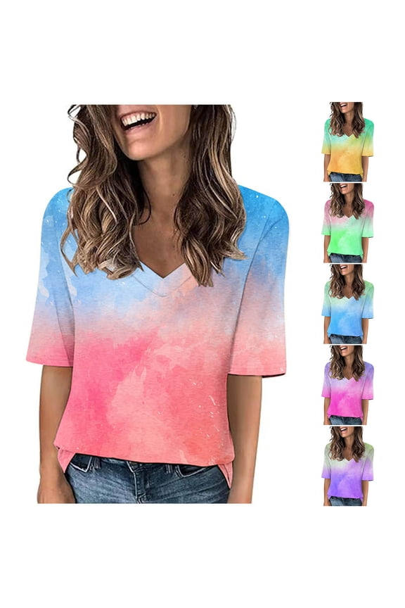 Summer Tunic Tops for Women Casual Elastic Sweatshirts V-Neck Blouse Tops Solid Color Gradient T-Shirt Short Sleeve Workout Tops Loose Going Out Tops