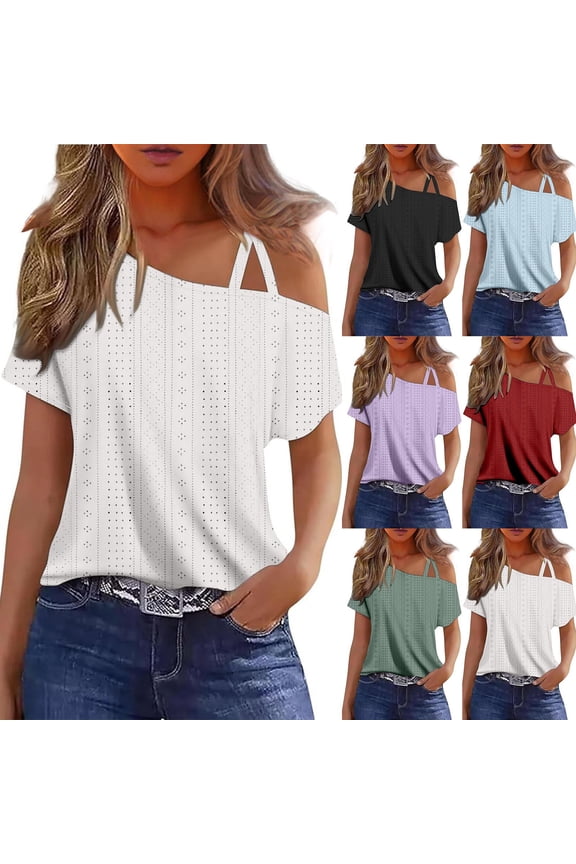 Summer Tunic Tops for Women Off Shoulder Blouse Shirt Solid Color Sweatshirts Short Sleeve Workout Tops Loose Going Out Tops