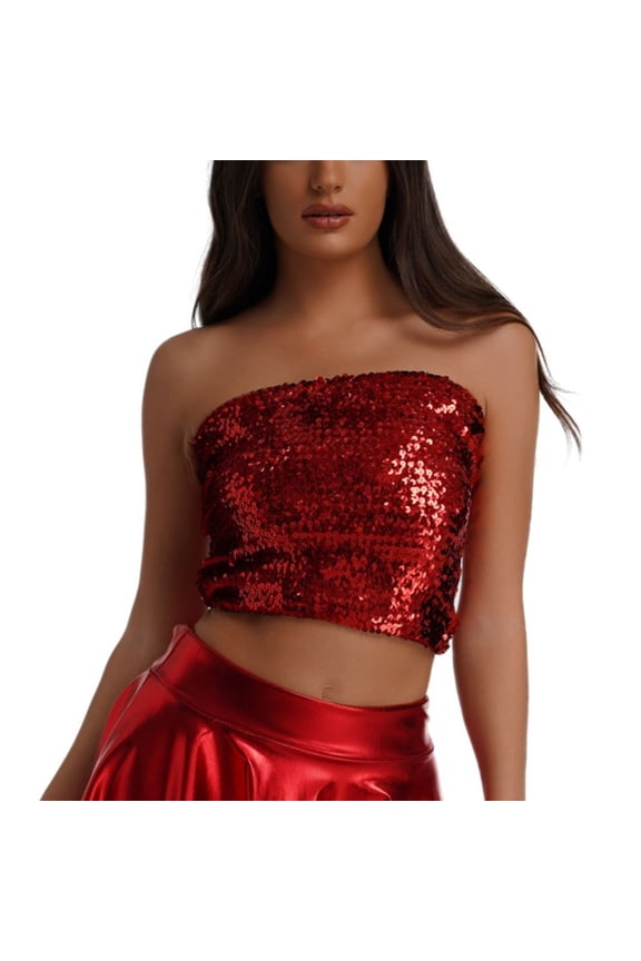 Tube Tops for Women Sparkly Sequin Strapless Bandeau Summer Tops Solid Color Crop Tank Blouse for Party Clubwear