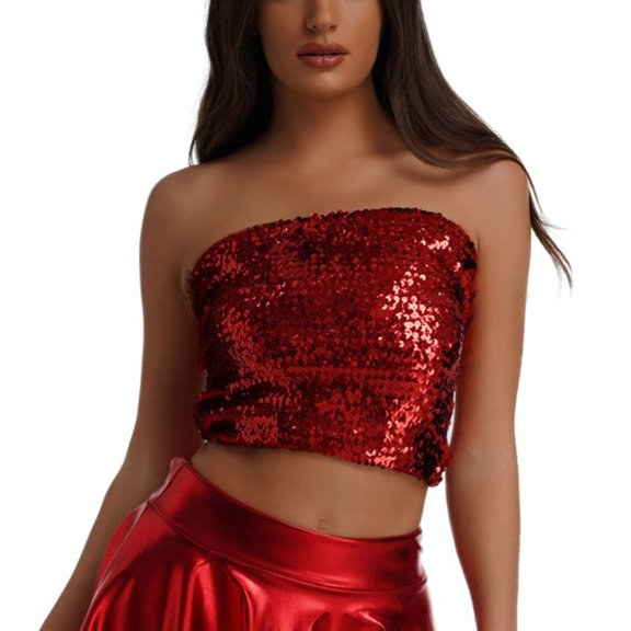Gswybco Tube Tops for Women Sparkly Sequin Strapless Bandeau Summer Tops Solid Color Crop Tank Blouse for Party Clubwear