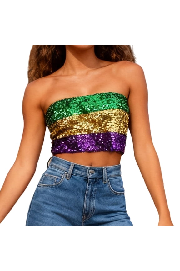 Tube Tops for Women Sparkly Sequin Strapless Bandeau Tops Metallic Carnival Crop Tank Blouse for Party Clubwear