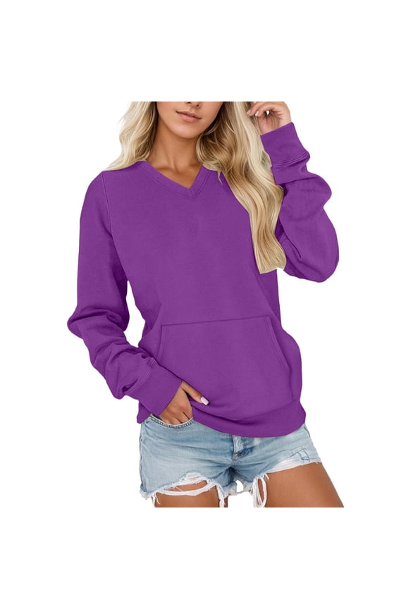 Dark Purple Women's V Neck Sweatshirt Fleece Cute Pocket Sweatshirts No Hood Oversized Comfy Soft Fall Winter Tops Women's Hoodless Sweatshirt Women Blending Shirts Ariat Hoodies for Womenm