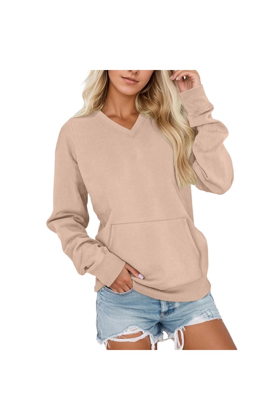 Khaki Women's V Neck Sweatshirt Fleece Cute Pocket Sweatshirts No Hood Oversized Comfy Soft Fall Winter Tops Women's Hoodless Sweatshirt Women Blending Shirts Black Zip Up Hoodie Womenm