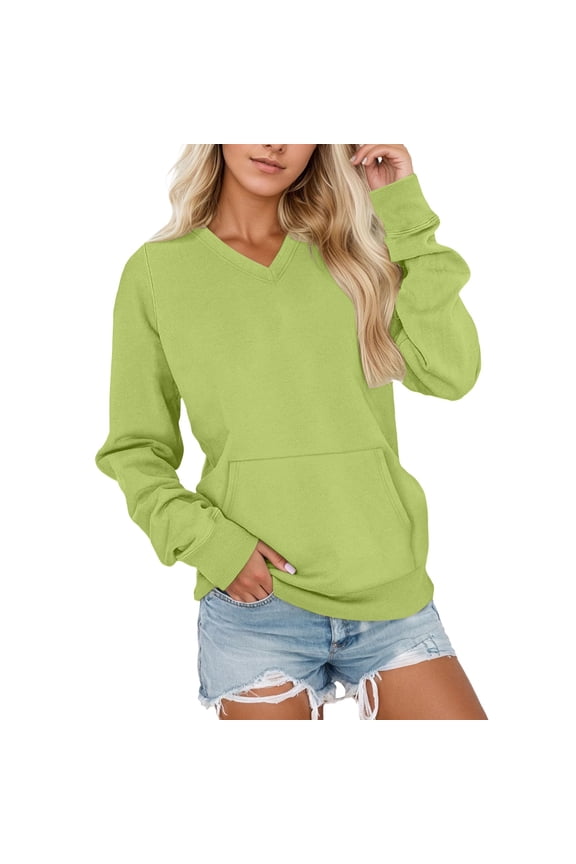 Light Green Women's V Neck Sweatshirt Fleece Cute Pocket Sweatshirts No Hood Oversized Comfy Soft Fall Winter Tops Women's Hoodless Sweatshirt Women Blending Shirts Women Hoodies2Xl2Xl