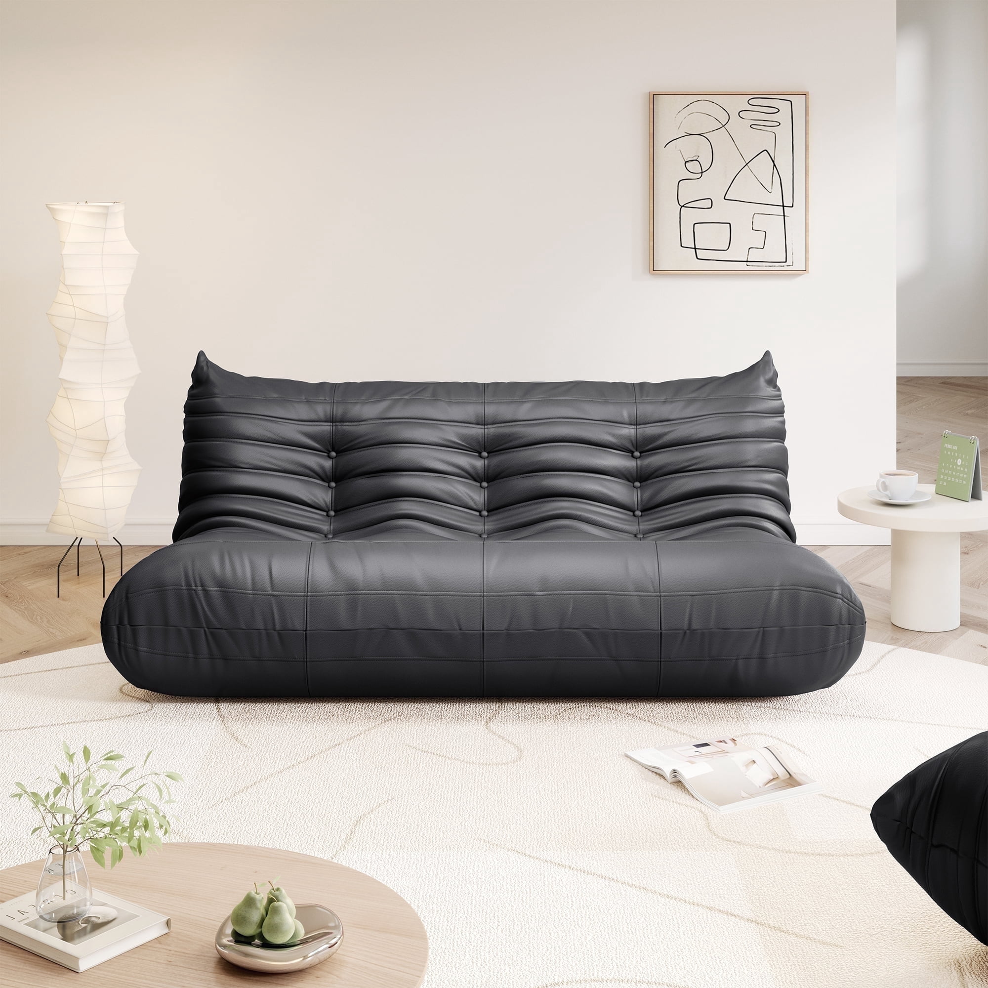 Gtilzria Lazy Sofa, Bean Bag Chair for Adults Floor Couch, 3 Seat Fireside Chair with Ergonomic Design Modern Faux Leather Lounge Chair for Living Room, Bedroom, Black
