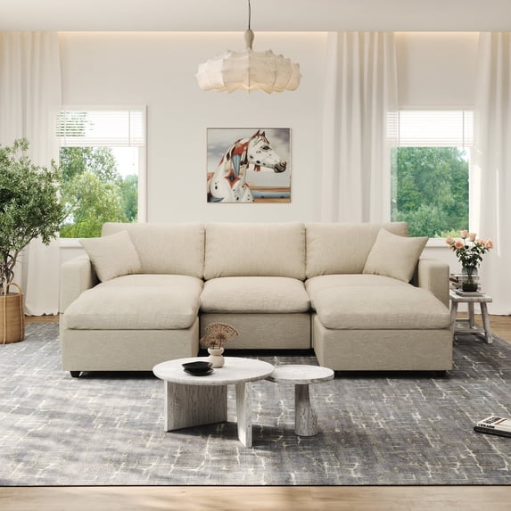 Gtilzria Cloud Modular Sectioanl Sofa Couch, Comfy Modern Sectioanl Cloud Couch U-shaped Modular Down Filled Sofa with Ottoman for Living Room Apartment Office, Beige