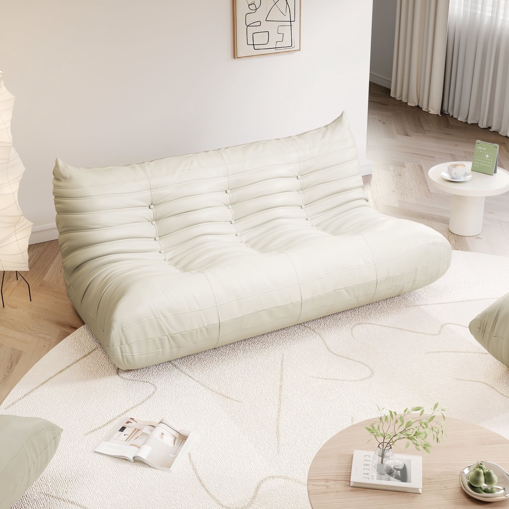 Gtilzria Lazy Sofa, Bean Bag Chair for Adults Comfortable Floor Couch, 3 Seat Fireside with Faux Leather Lounge Chair for Living Room, Bedroom, Beige