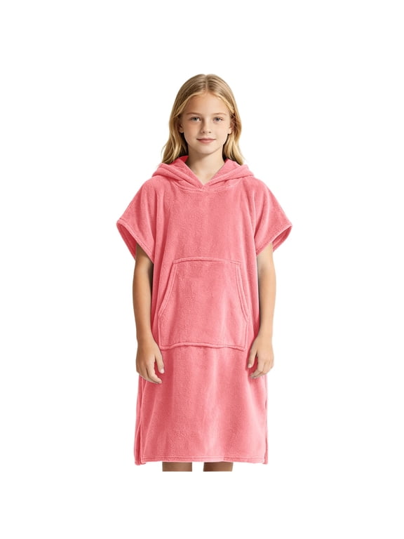 100% Cotton Kids Hooded Surf Poncho Changing Robe, Quick Absorbent Wearable Swim Towel Boys & Girls Pink-A 8-14 Years
