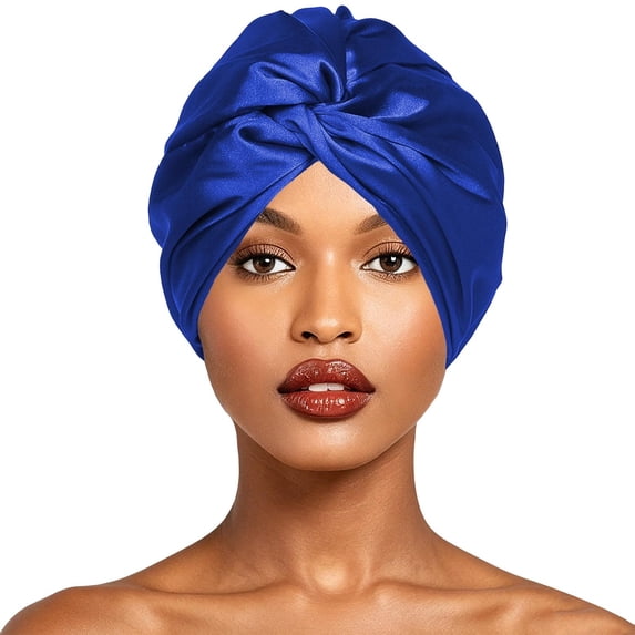 Gtoiithly Adjustable Silk Satin Hair Bonnet for Sleeping, Double Layer, Night Turban for Large Long Curly Braid Women Men Hair Blue One Size