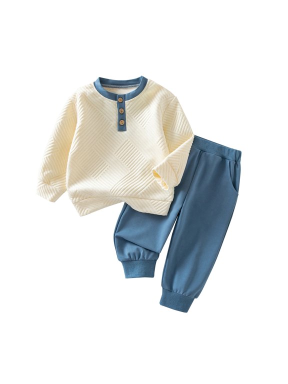 Boys 2‑Piece Fall Winter Outfit Set, Comfort Long Sleeve Sweatshirt & Matching Jogger Pants, Fashion Multi‑Function Daily Wear Tracksuit Blue-a 12-18 Months